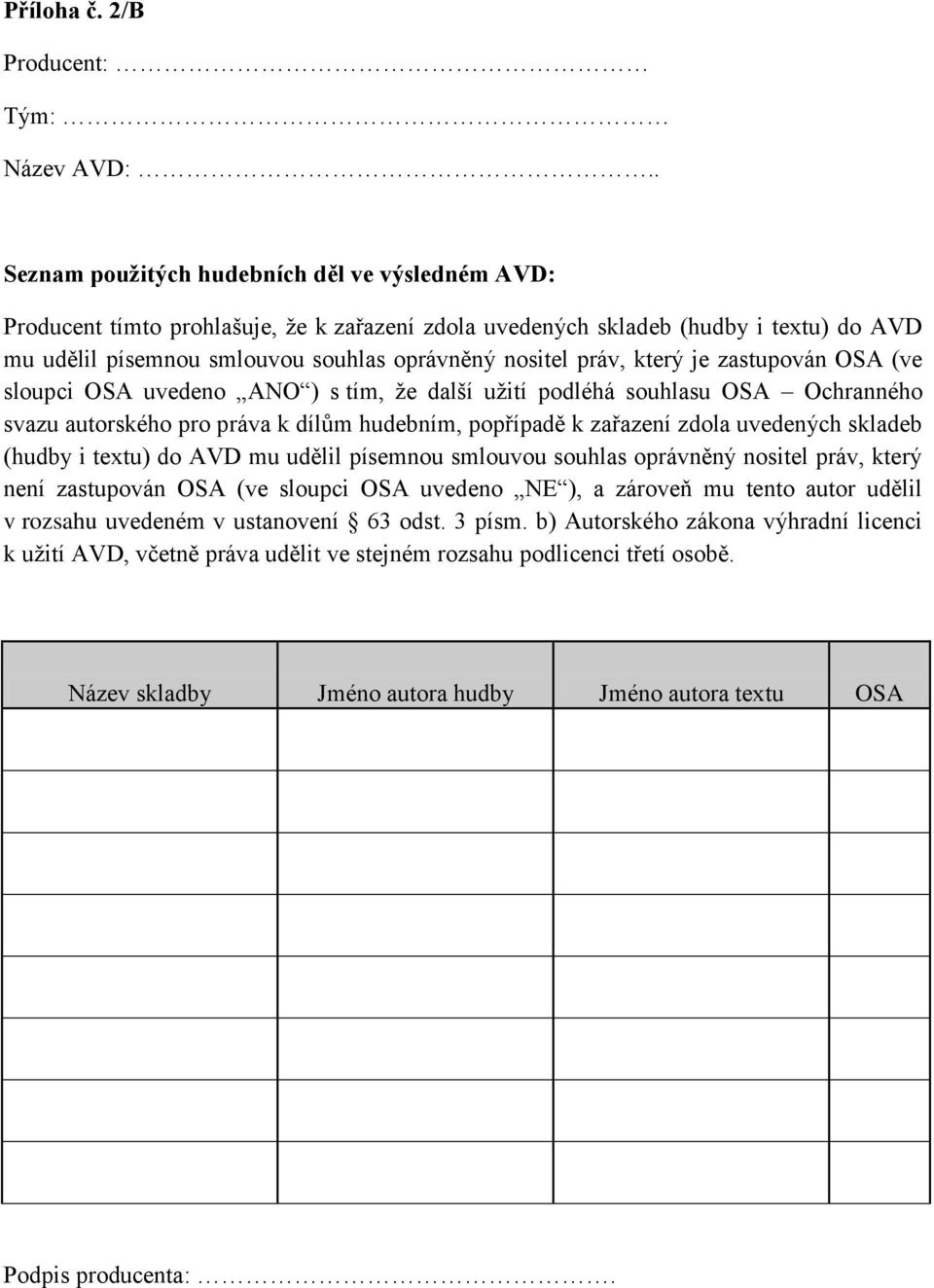 práv, který je zastupován OSA (ve sloupci OSA uvedeno ANO ) s tím, že další užití podléhá souhlasu OSA Ochranného svazu autorského pro práva k dílům hudebním, popřípadě k zařazení zdola uvedených