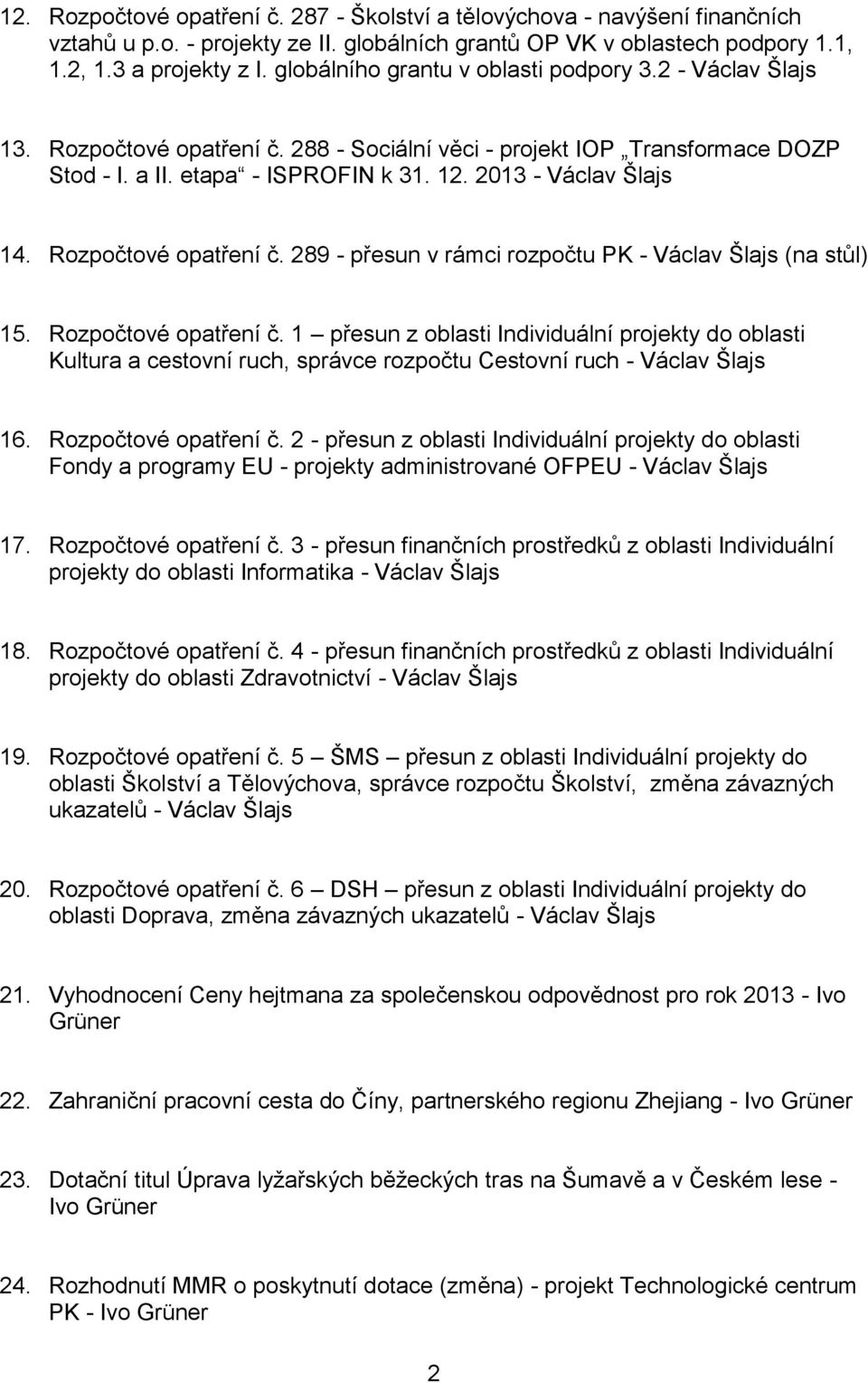 Rozpočtové opatření č. 289 - přesun v rámci rozpočtu PK - Václav Šlajs (na stůl) 15. Rozpočtové opatření č.