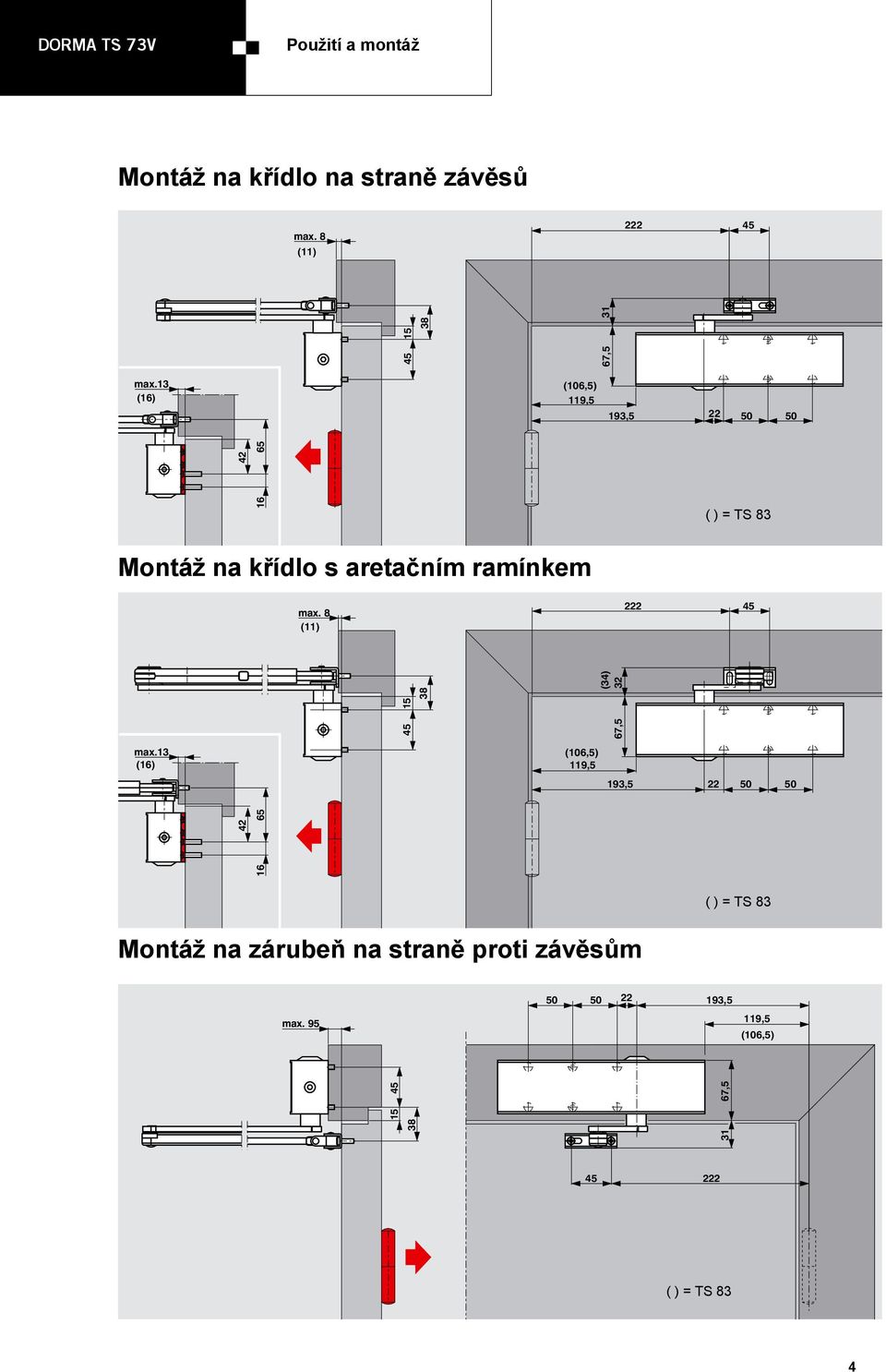 13 (10,5) () 193,5 22 50 50 5 Montáž na křídlo s aretačním ramínkem max. 8 (11) 222 max.