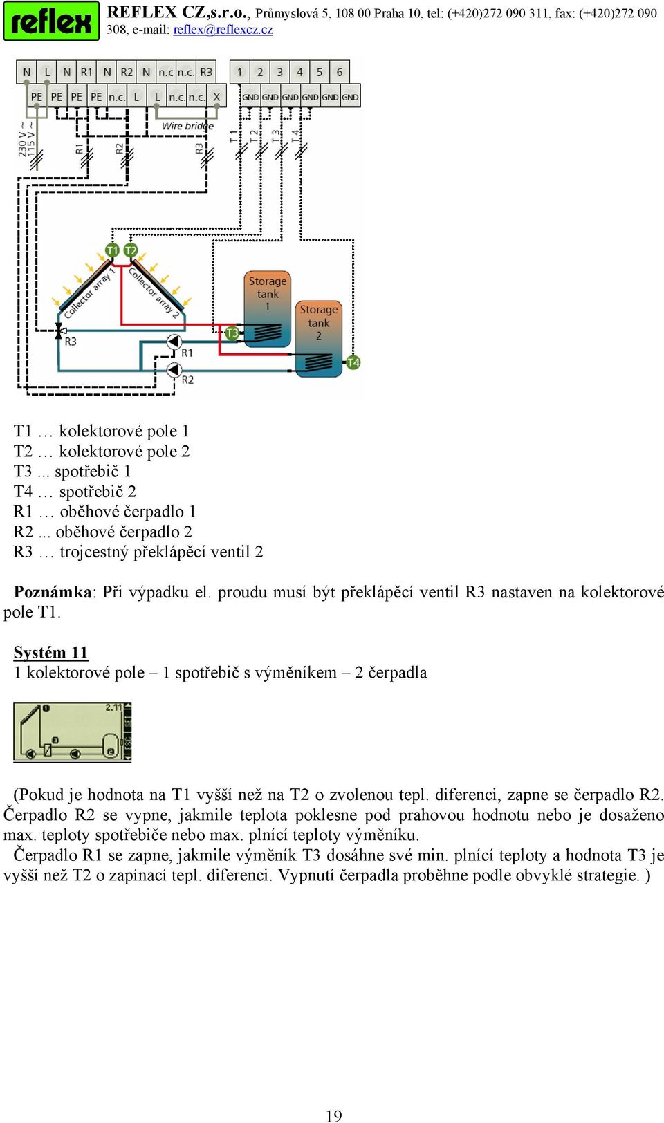 Systém 11 1 kolektorové pole 1 spotřebič s výměníkem 2 čerpadla (Pokud je hodnota na T1 vyšší než na T2 o zvolenou tepl. diferenci, zapne se čerpadlo R2.