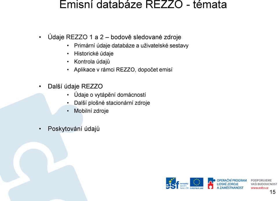 údajů Aplikace v rámci REZZO, dopočet emisí Další údaje REZZO Údaje o