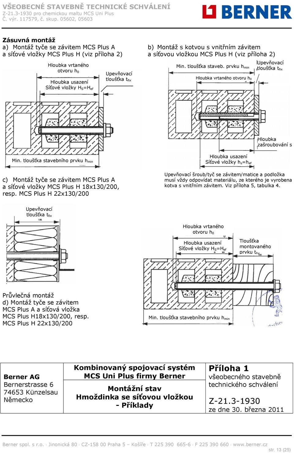 tloušťka stavebního prvku h min c) Montáž tyče se závitem MCS Plus A a síťové vložky MCS Plus H 18x130/200, resp.