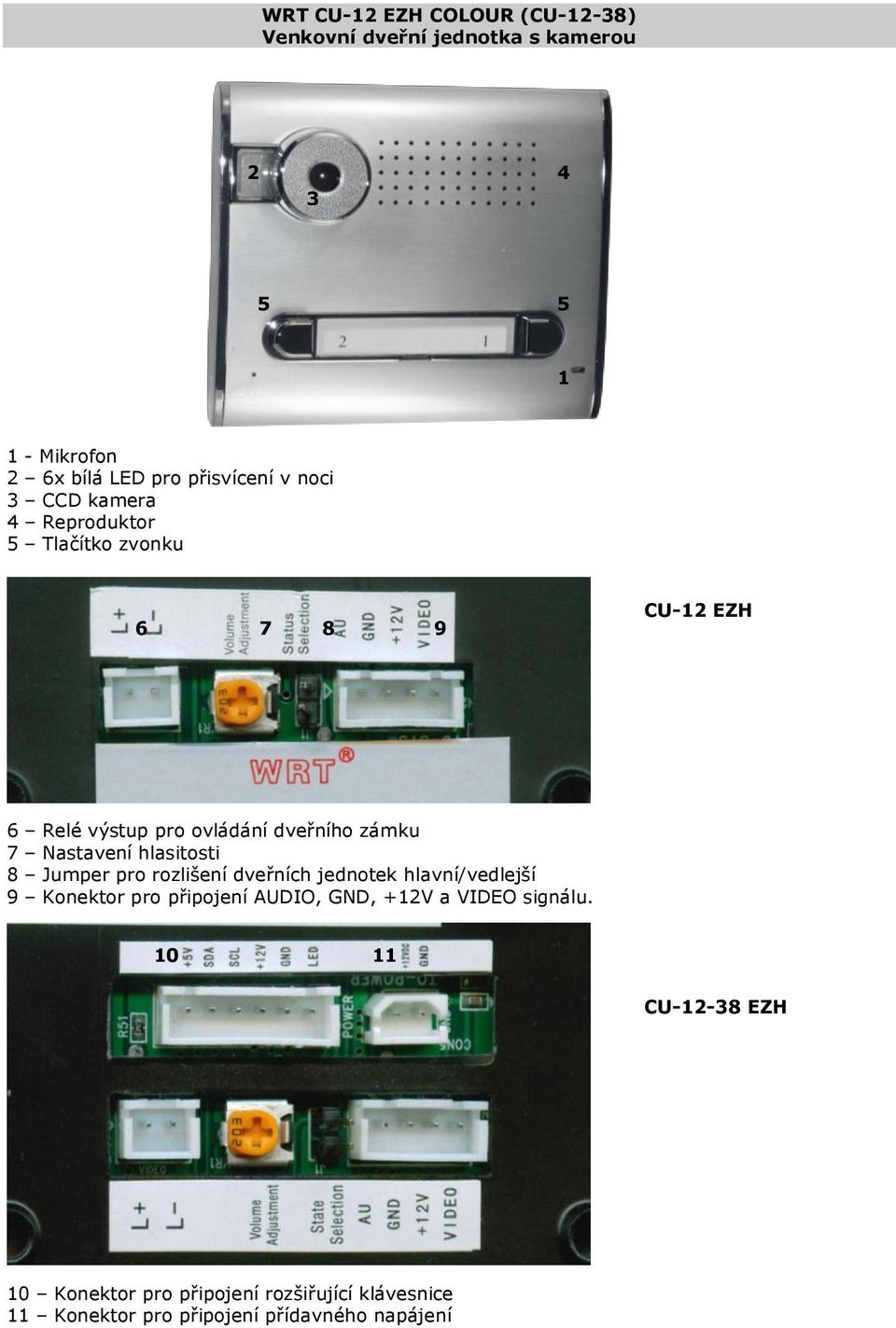 Nastavení hlasitosti 8 Jumper pro rozlišení dveřních jednotek hlavní/vedlejší 9 Konektor pro připojení AUDIO, GND,