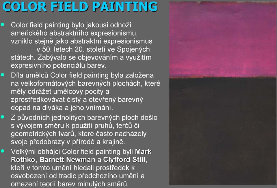 Díla umělců Color field painting byla založena na velkoformátových barevných plochách, které měly odrážet umělcovy pocity a zprostředkovávat čistý a otevřený barevný dopad na diváka a jeho vnímání.