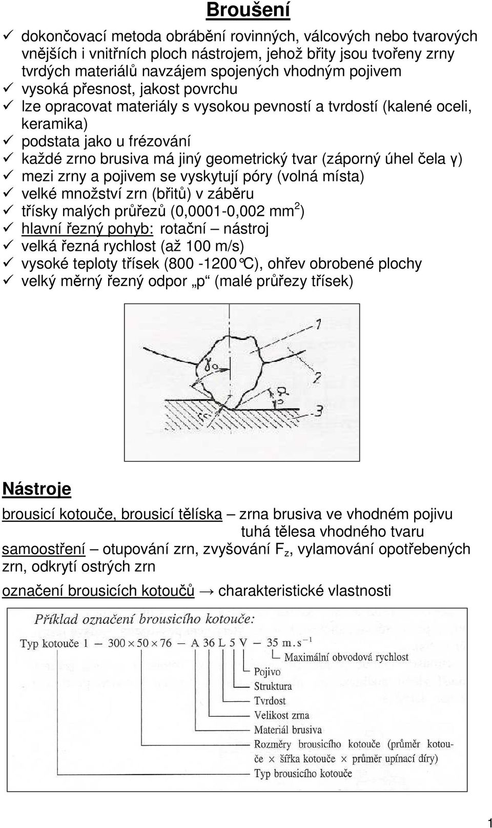γ) mezi zrny a pojivem se vyskytují póry (volná místa) velké množství zrn (břitů) v záběru třísky malých průřezů (0,0001-0,002 mm 2 ) hlavní řezný pohyb: rotační nástroj velká řezná rychlost (až 100