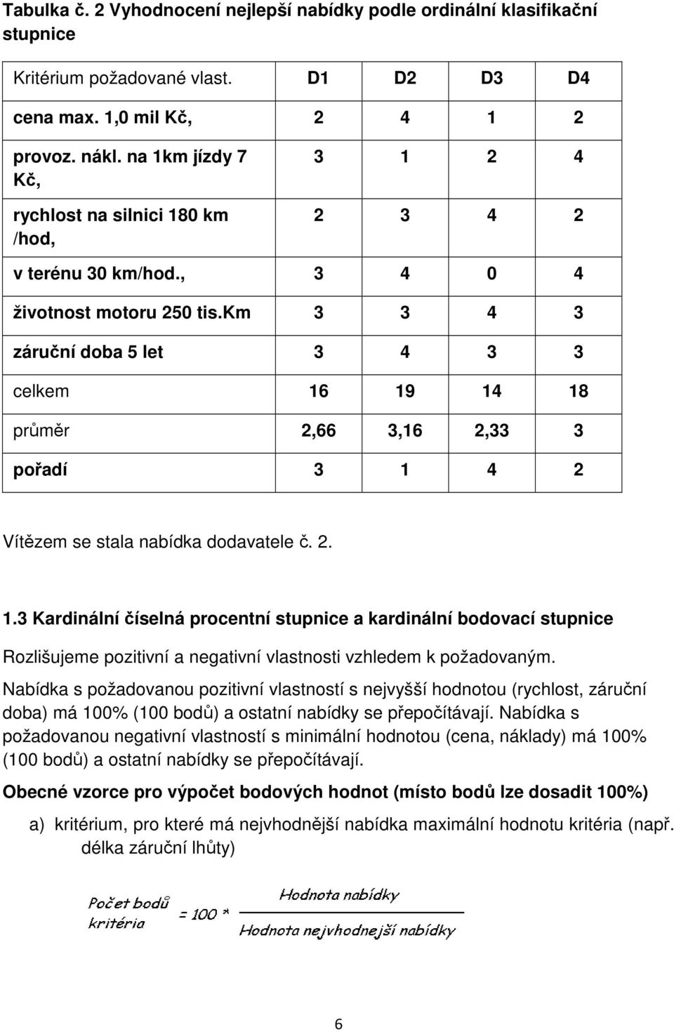 km 3 3 4 3 záruční doba 5 let 3 4 3 3 celkem 16 19 14 18 průměr 2,66 3,16 2,33 3 pořadí 3 1 4 2 Vítězem se stala nabídka dodavatele č. 2. 1.3 Kardinální číselná procentní stupnice a kardinální bodovací stupnice Rozlišujeme pozitivní a negativní vlastnosti vzhledem k požadovaným.