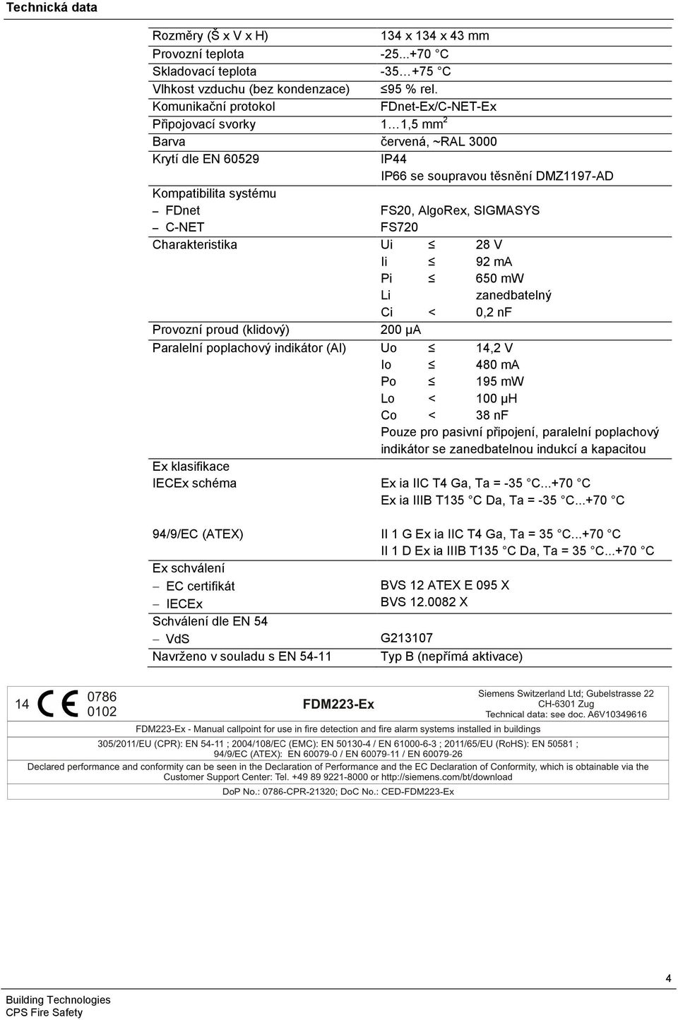 AlgoRex, SIGMASYS FS720 Charakteristika Ui 28 V Ii 92 ma Pi 650 mw Li zanedbatelný Ci < 0,2 nf Provozní proud (klidový) 200 µa Paralelní poplachový indikátor (AI) Uo 14,2 V Io 480 ma Po 195 mw Lo <