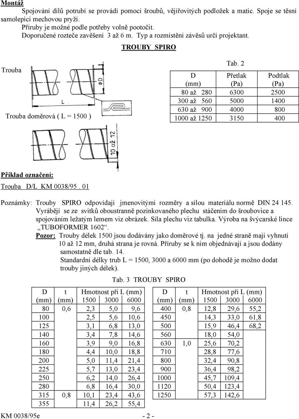 2 D Přetlak Podtlak (mm) (Pa) (Pa) 80 až 280 6300 2500 300 až 560 5000 1400 630 až 900 4000 800 1000 až 1250 3150 400 Trouba D/L KM 0038/95.