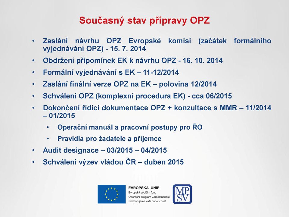 2014 Formální vyjednávání s EK 11-12/2014 Zaslání finální verze OPZ na EK polovina 12/2014 Schválení OPZ (komplexní procedura