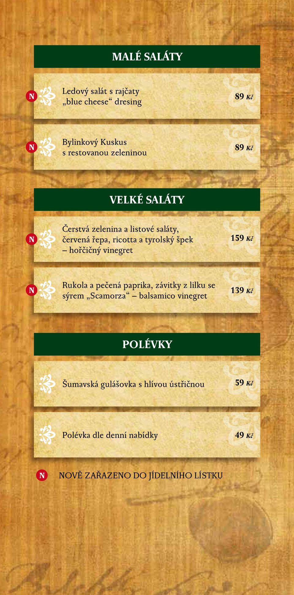 tyrolský špek hořčičný vinegret Rukola a pečená paprika, závitky z lilku se sýrem Scamorza