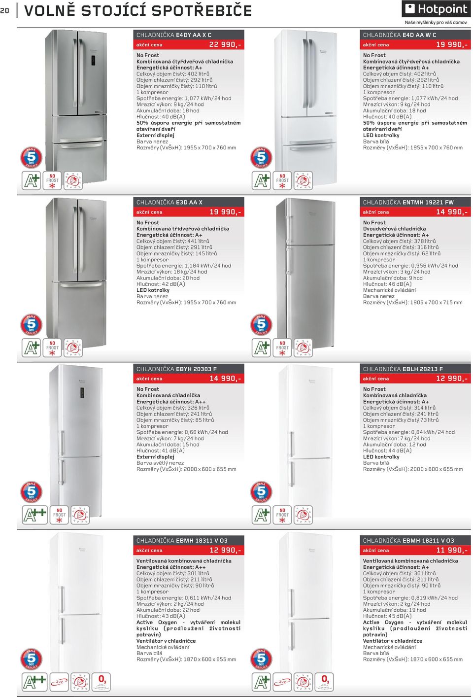 Externí displej Barva nerez Rozměry (VxŠxH): 1955 x 700 x 760 mm CHLADNIČKA E4D AA W C 19 990,- No Frost Kombinovaná čtyřdveřová chladnička Energetická účinnost: A+ Celkový objem čistý: 402 litrů