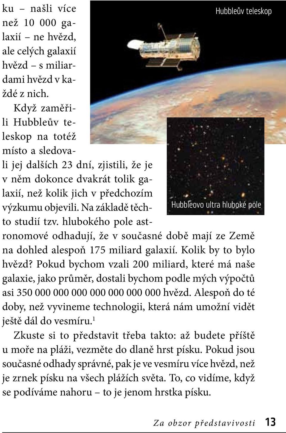 Na základě těchto studií tzv. hlubokého pole ast- Hubbleovo ultra hluboké pole ronomové odhadují, že v současné době mají ze Země na dohled alespoň 175 miliard galaxií. Kolik by to bylo hvězd?