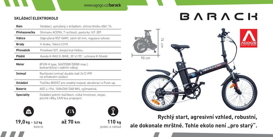 8FUN H type, 36V/250W (500W max.), bezkartáčový v zadním náboji. Rychlostní snímač double-hall 2x12 IPR na středovém složení. AEE Li-Pol, 10Ah/36V (360 Wh), vyjímatelná.