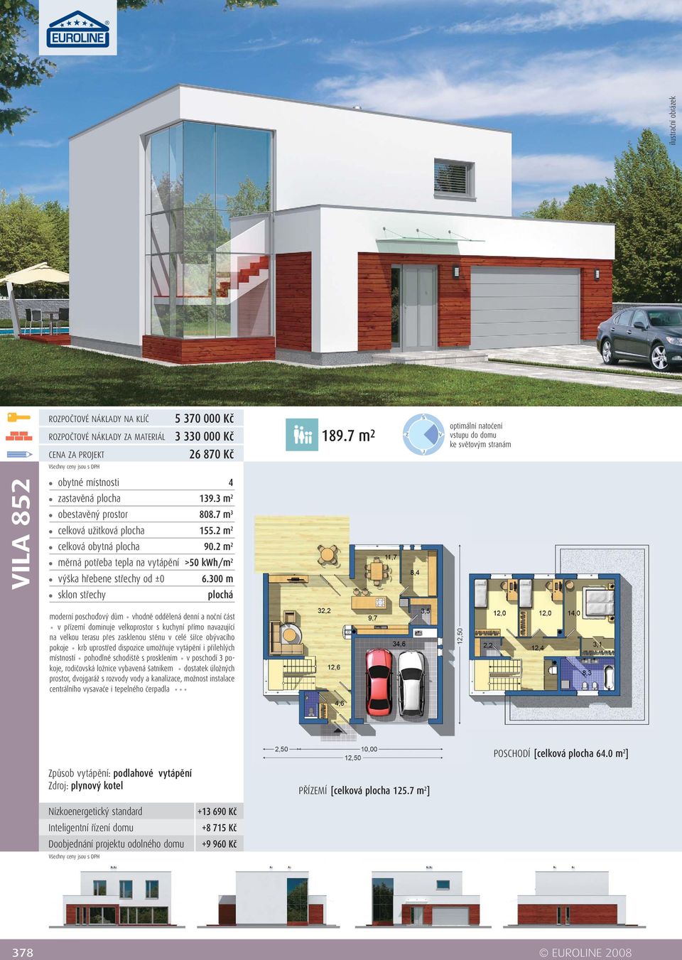 místností pohodlné schodiště s prosklením v poschodí 3 pokoje, rodičovská ložnice vybavená šatníkem dostatek úložných prostor, dvojgaráž s rozvody vody a kanalizace, možnost