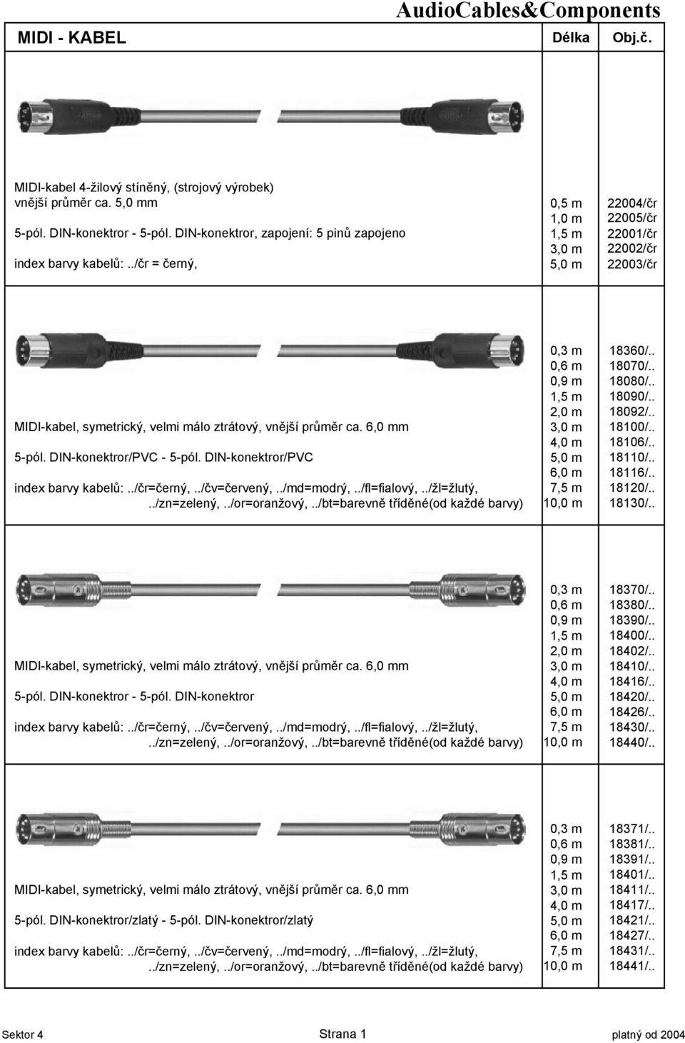 . MIDI-kabel, symetrický, velmi málo ztrátový, vnjší prmr ca. 6,0 mm 3,0 m 18100/.. 4,0 m 18106/.. 5-pól. DIN-konektror/PVC - 5-pól. DIN-konektror/PVC 5,0 m 18110/.. 6,0 m 18116/.. index barvy kabel:.