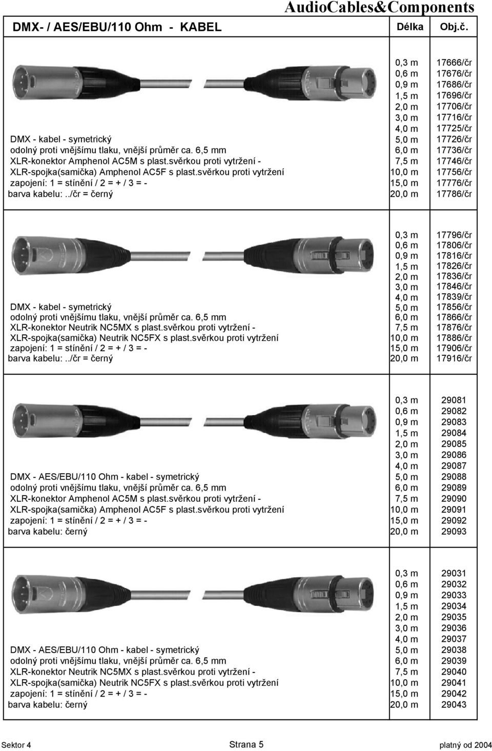 6,5 mm 6,0 m 17736/%r XLR-konektor Amphenol AC5M s plast.svrkou proti vytržení - 7,5 m 17746/%r XLR-spojka(sami%ka) Amphenol AC5F s plast.