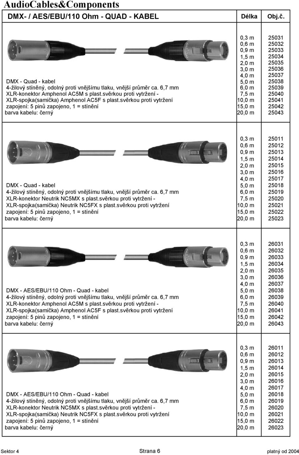 6,7 mm 6,0 m 25039 XLR-konektor Amphenol AC5M s plast.svrkou proti vytržení - 7,5 m 25040 XLR-spojka(sami%ka) Amphenol AC5F s plast.