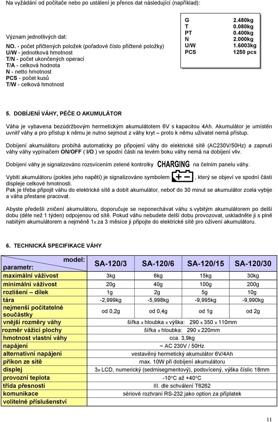 N U/W PCS 2.480kg 0.080kg 0.400kg 2.000kg 1.6003kg 1250 pcs 5. DOBÍJENÍ VÁHY, PÉČE O AKUMULÁO Váha je vybavena bezúdržbovým hermetickým akumulátotem 6V s kapacitou 4Ah.