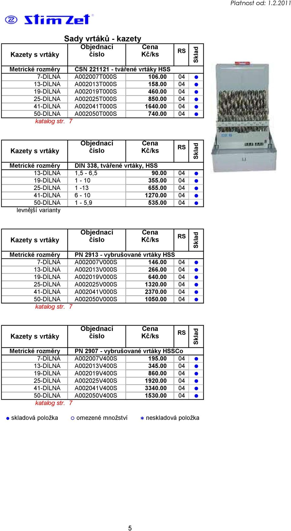 7 Kazety s vrtáky Objednací číslo Cena Kč/ks Metrické rozměry DIN 338, tvářené vrtáky, HSS 13-DÍLNÁ 1,5-6,5 90.00 04 19-DÍLNÁ 1-10 355.00 04 25-DÍLNÁ 1-13 655.00 04 41-DÍLNÁ 6-10 1270.