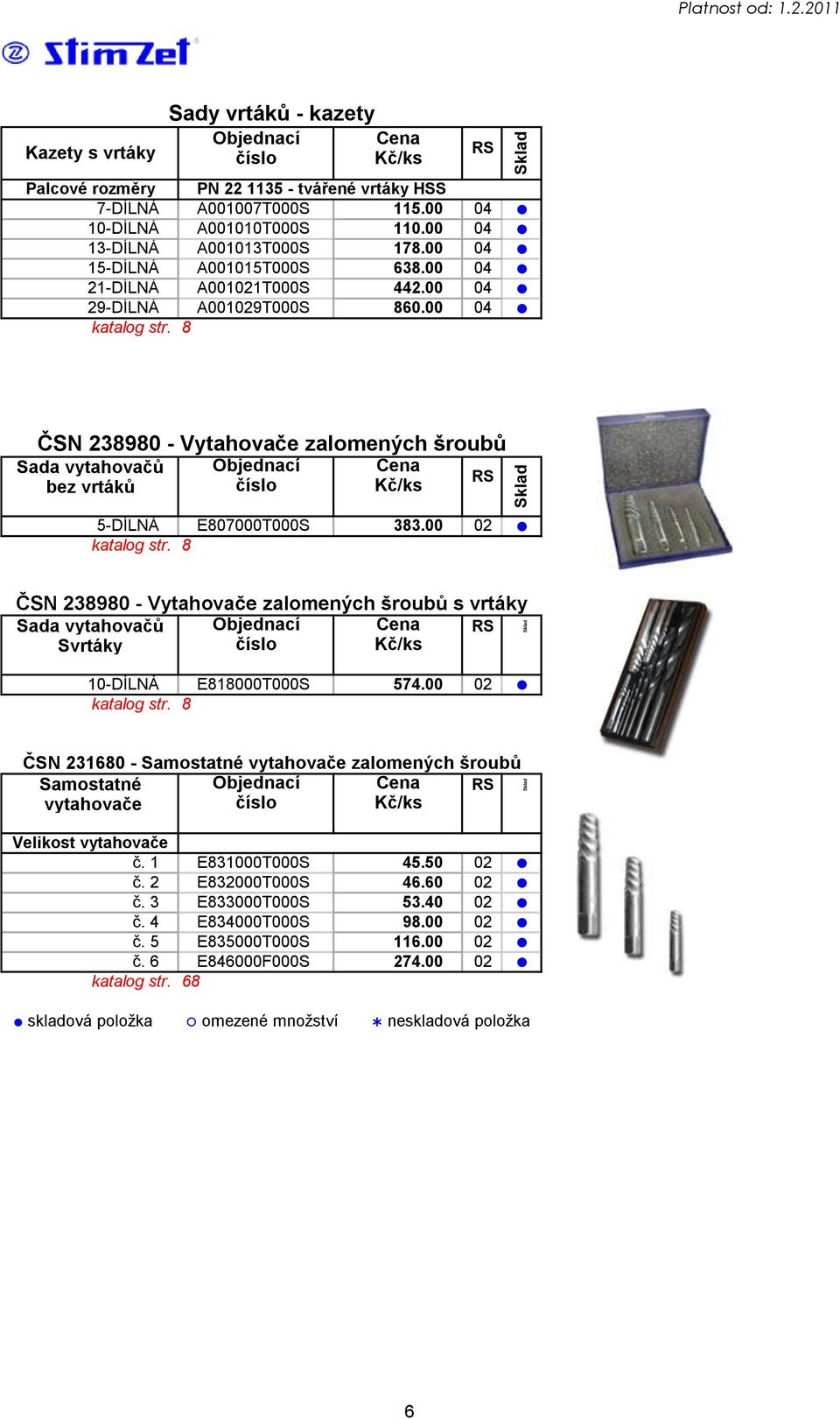 8 ČSN 238980 - Vytahovače zalomených šroubů Sada vytahovačů Objednací Cena bez vrtáků číslo Kč/ks 5-DÍLNÁ E807000T000S 383.00 02 katalog str.