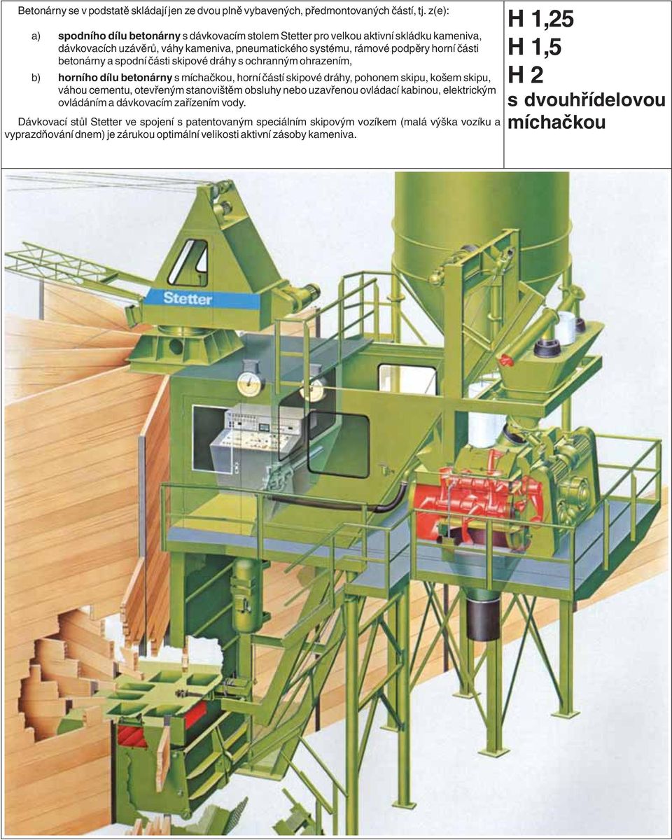 a spodní èásti skipové dráhy s ochranným ohrazením, b) horního dílu betonárny s míchaèkou, horní èástí skipové dráhy, pohonem skipu, košem skipu, váhou cementu, otevøeným stanovištìm obsluhy