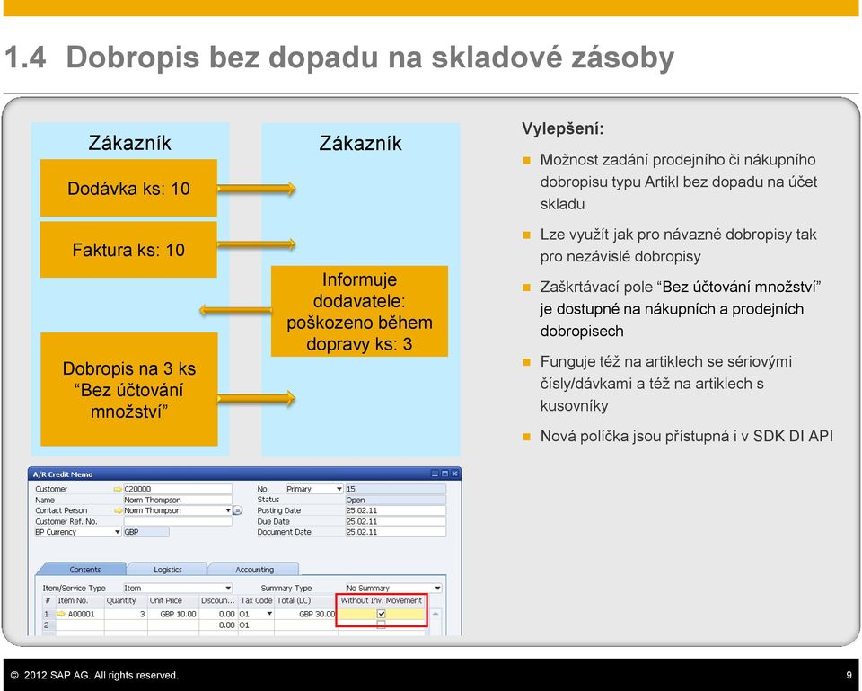 pro návazné dobropisy tak pro nezávislé dobropisy Zaškrtávací pole Bez účtování množství je dostupné na nákupních a prodejních dobropisech