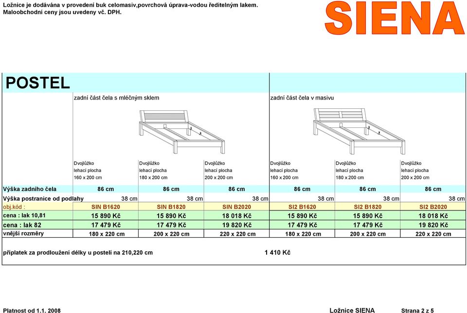 lehací plocha 160 x 200 cm 180 x 200 cm 200 x 200 cm 160 x 200 cm 180 x 200 cm 200 x 200 cm Výška zadního čela Výška postranice od podlahy obj.