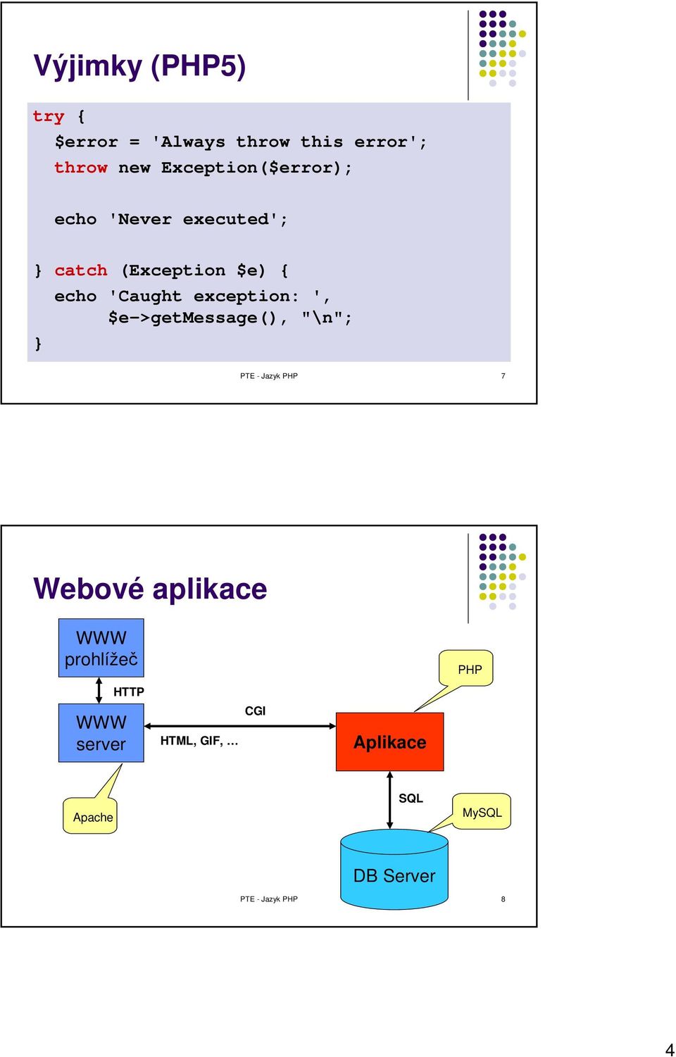 exception: ', $e->getmessage(), "\n"; PTE - Jazyk PHP 7 Webové aplikace WWW