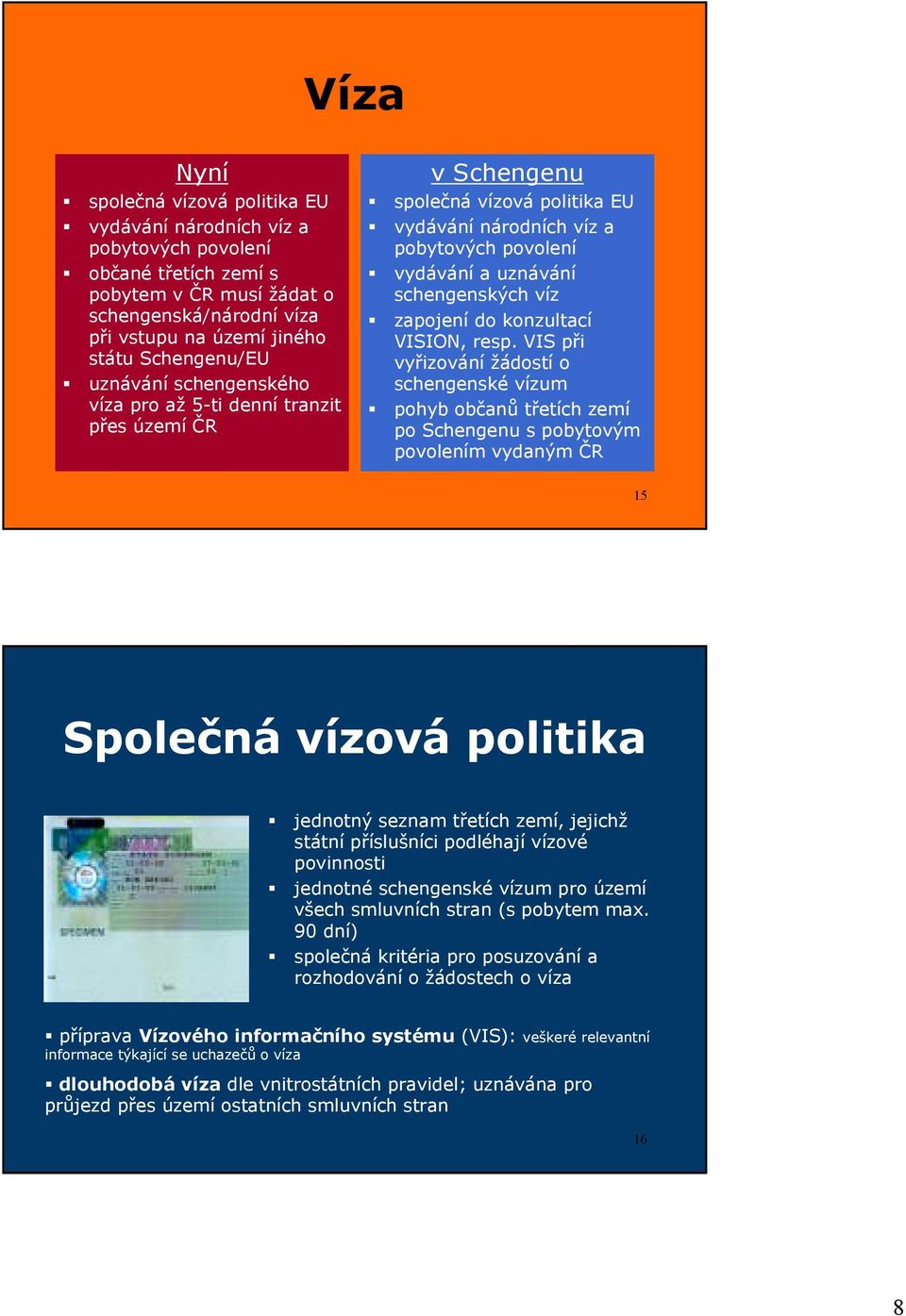 společná vízová politika EU! vydávání národních víz a pobytových povolení! vydávání a uznávání schengenských víz! zapojení do konzultací VISION, resp. VIS při vyřizování žádostí o schengenské vízum!