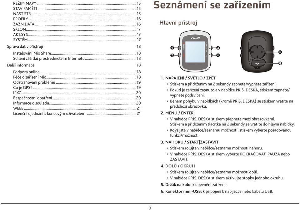 .. Licenční ujednání s koncovým uživtelem... Seznámení se zřízením Hlvní přístroj 4. NAPÁJENÍ / SVĚTLO / ZPĚT Stiskem přidržením n sekundy zpnete/vypnete zřízení.