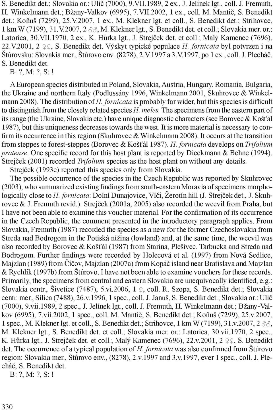 Hůrka lgt., J. Strejček det. et coll.; Malý Kamenec (7696), 22.V.2001, 2, S. Benedikt det. Výskyt typické populace H. fornicata byl potvrzen i na Štúrovsku: Slovakia mer., Štúrovo env. (8278), 2.V.1997 a 3.