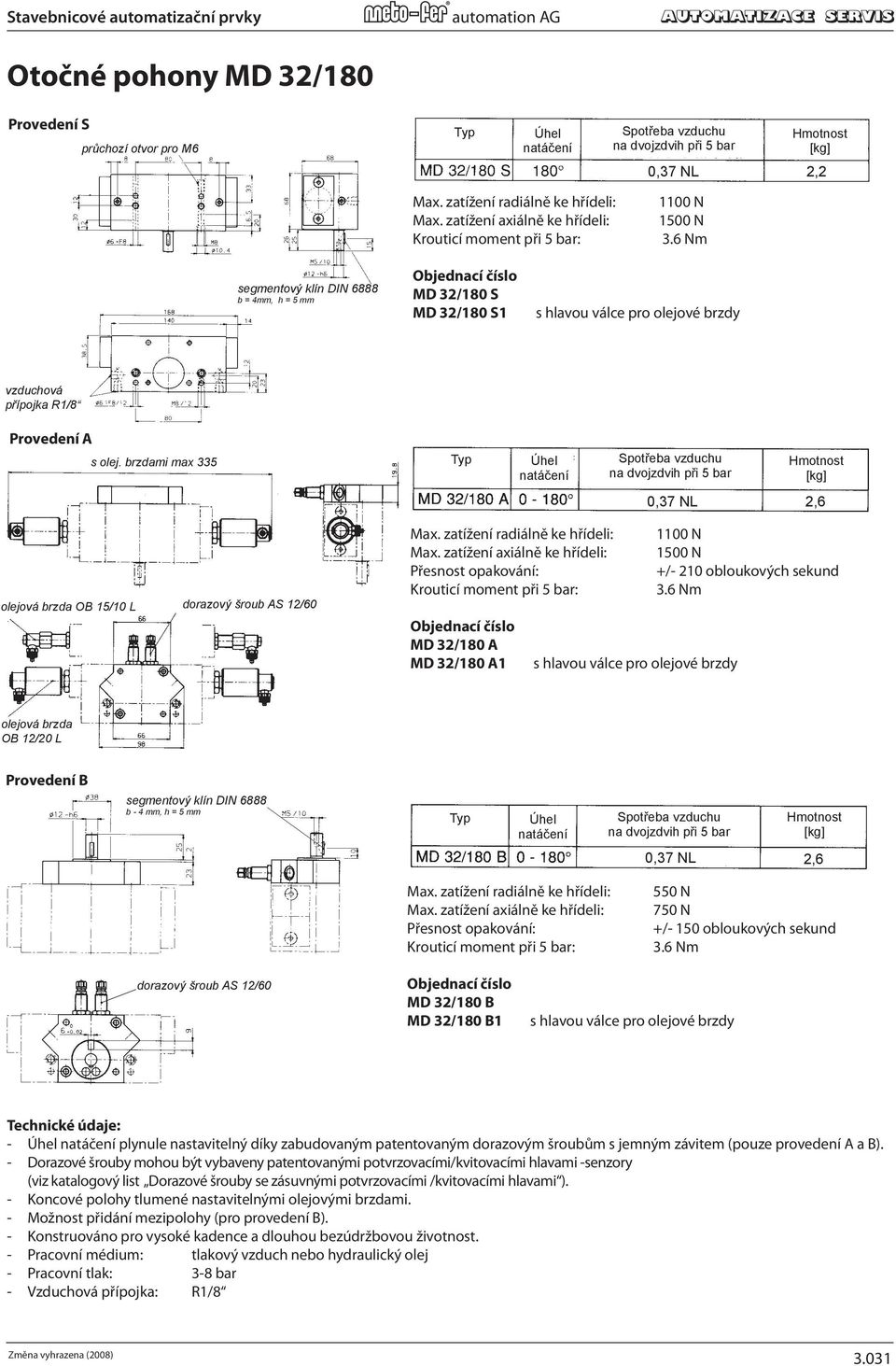 zatížení radiálně ke hřídeli: Max. zatížení axiálně ke hřídeli: Krouticí moment při 5 bar: Objednací číslo MD 32/180 S MD 32/180 S1 1100 N 1500 N 3.