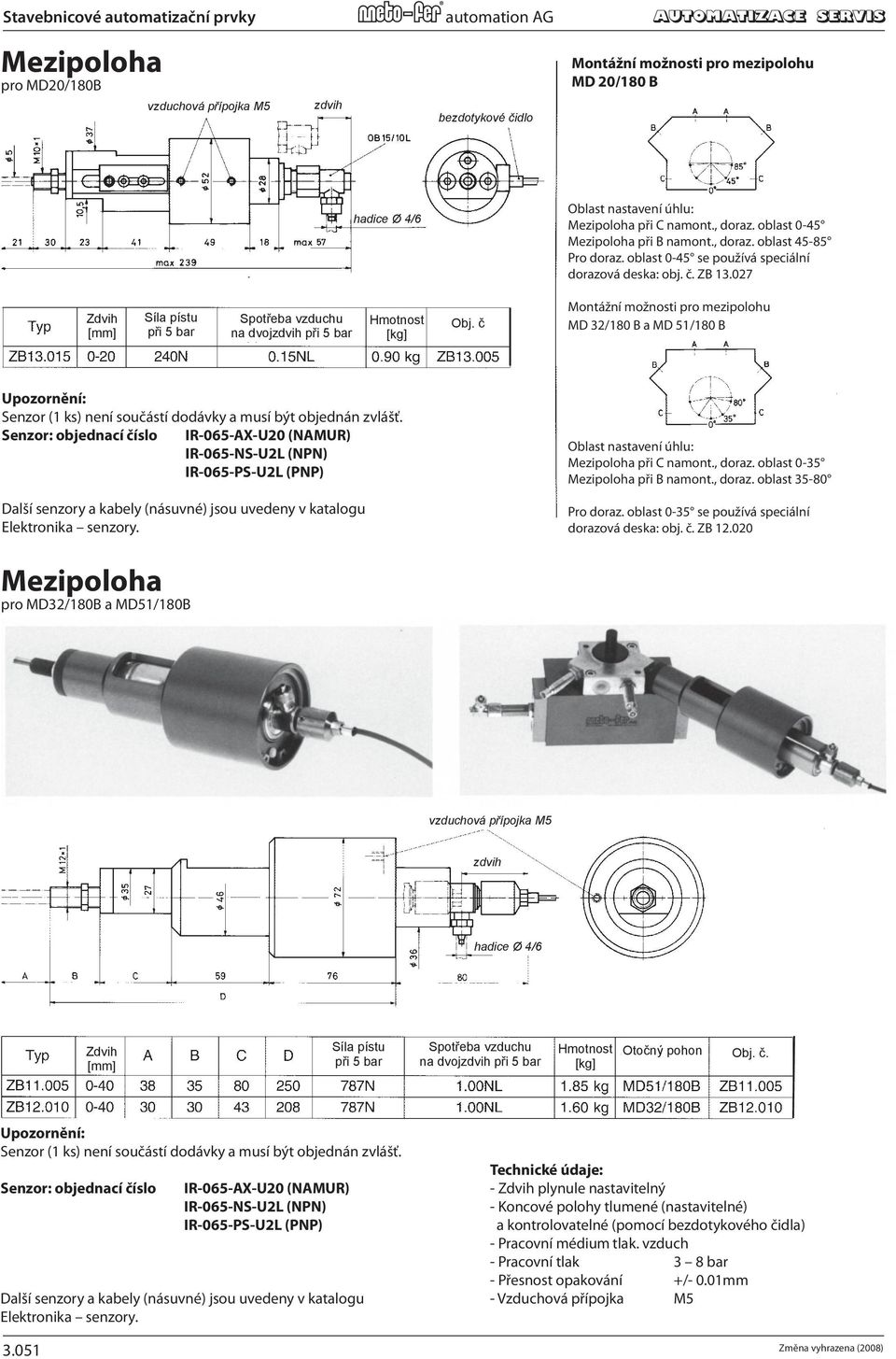 č Montážní možnosti pro mezipolohu MD 32/180 B a MD 51/180 B Upozornění: Senzor (1 ks) není součástí dodávky a musí být objednán zvlášť.