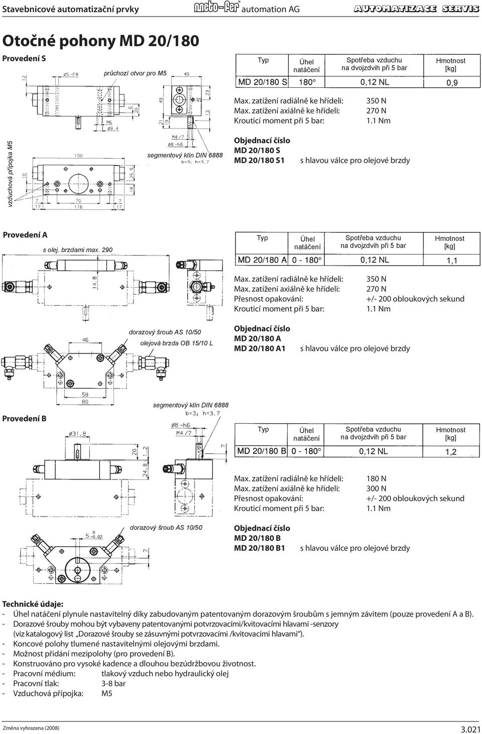 zatížení radiálně ke hřídeli: Max. zatížení axiálně ke hřídeli: Krouticí moment při 5 bar: Objednací číslo MD 20/180 S MD 20/180 S1 350 N 270 N 1.