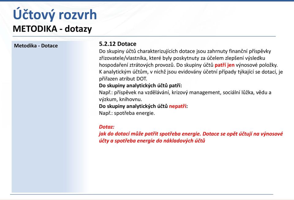 ztrátových provozů. Do skupiny účtů patří jen výnosové položky. K analytickým účtům, v nichž jsou evidovány účetní případy týkající se dotací, je přiřazen atribut DOT.