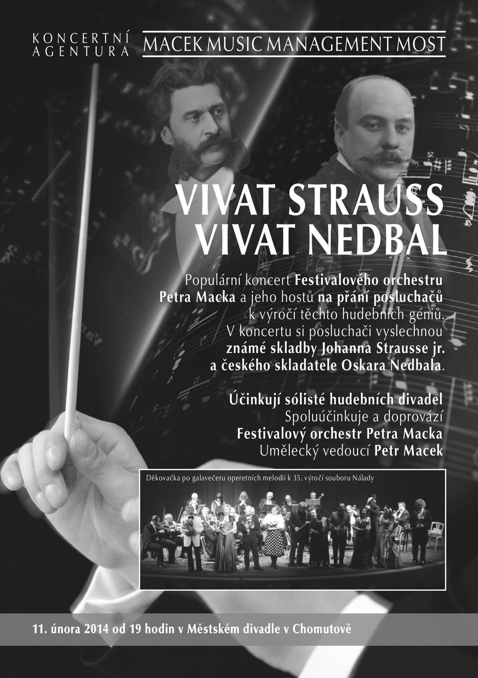 V koncertu si posluchači vyslechnou známé skladby Johanna Strausse jr. a českého skladatele Oskara Nedbala.