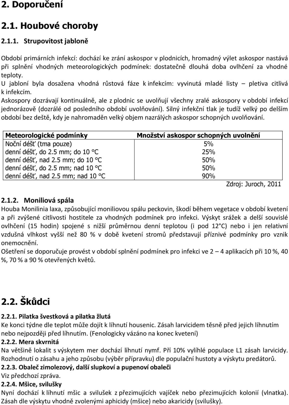 1. Strupovitost jabloně Období primárních infekcí: dochází ke zrání askospor v plodnicích, hromadný výlet askospor nastává při splnění vhodných meteorologických podmínek: dostatečně dlouhá doba