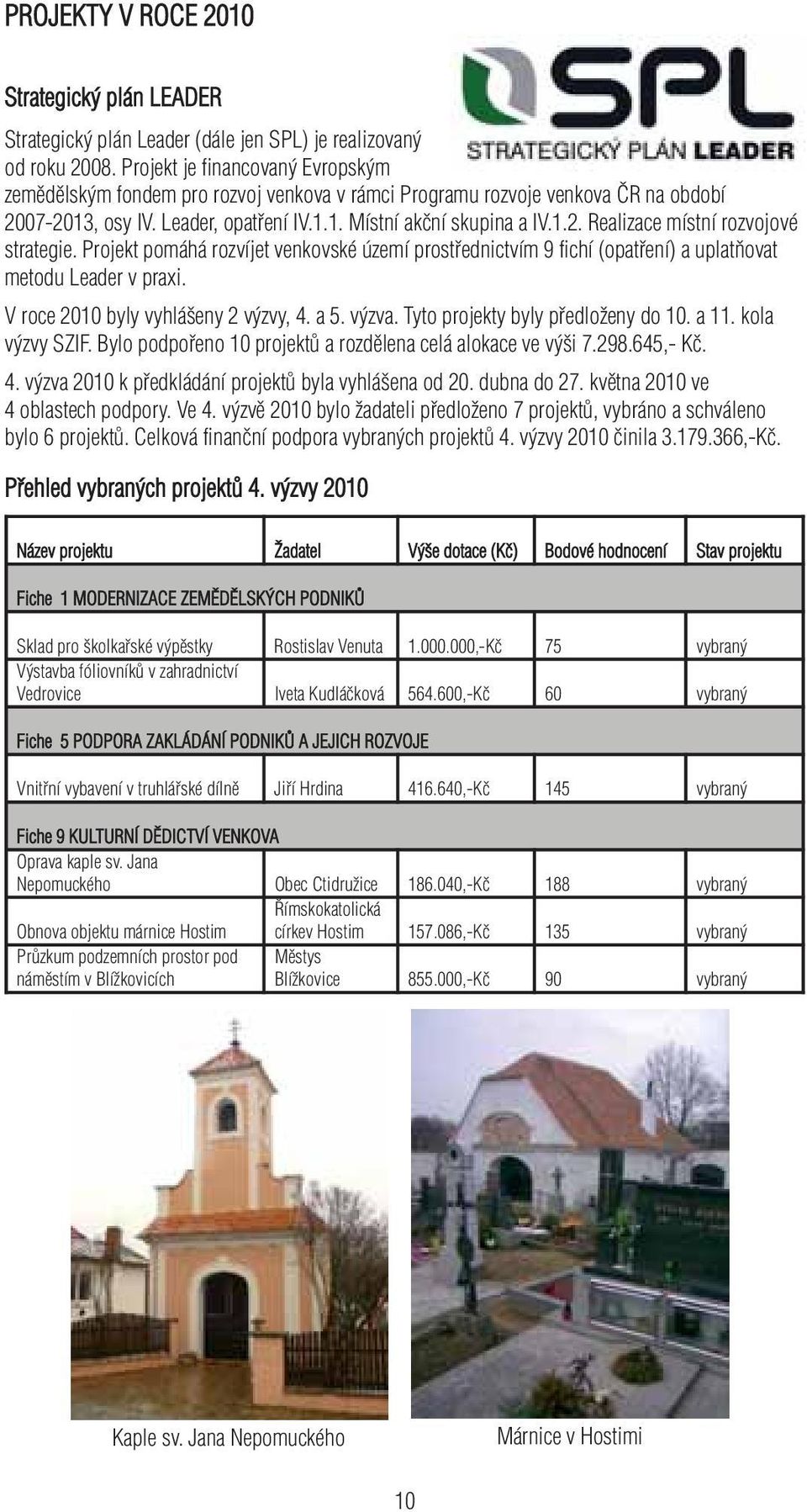 Projekt pomáhá rozvíjet venkovské území prostřednictvím 9 fichí (opatření) a uplatňovat metodu Leader v praxi. V roce 2010 byly vyhlášeny 2 výzvy, 4. a 5. výzva. Tyto projekty byly předloženy do 10.