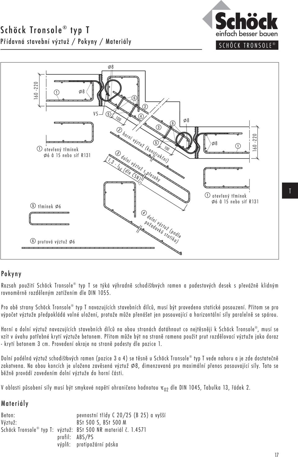 l bd (dle ČSN) 5 třmínek P6 1 otevřený třmínek P6 à 15 nebo síť R131 4 dolní výztuž (podle požadavků statika) 6 prutová výztuž P6 Pokyny Rozsah použití Schöck ronsole se týká výhradně schodišťových