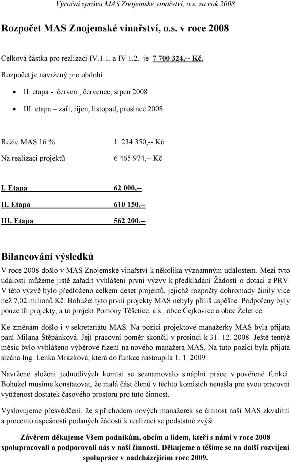 Etapa 562 200,-- Bilancování výsledků V roce 2008 došlo v MAS Znojemské vinařství k několika významným událostem.