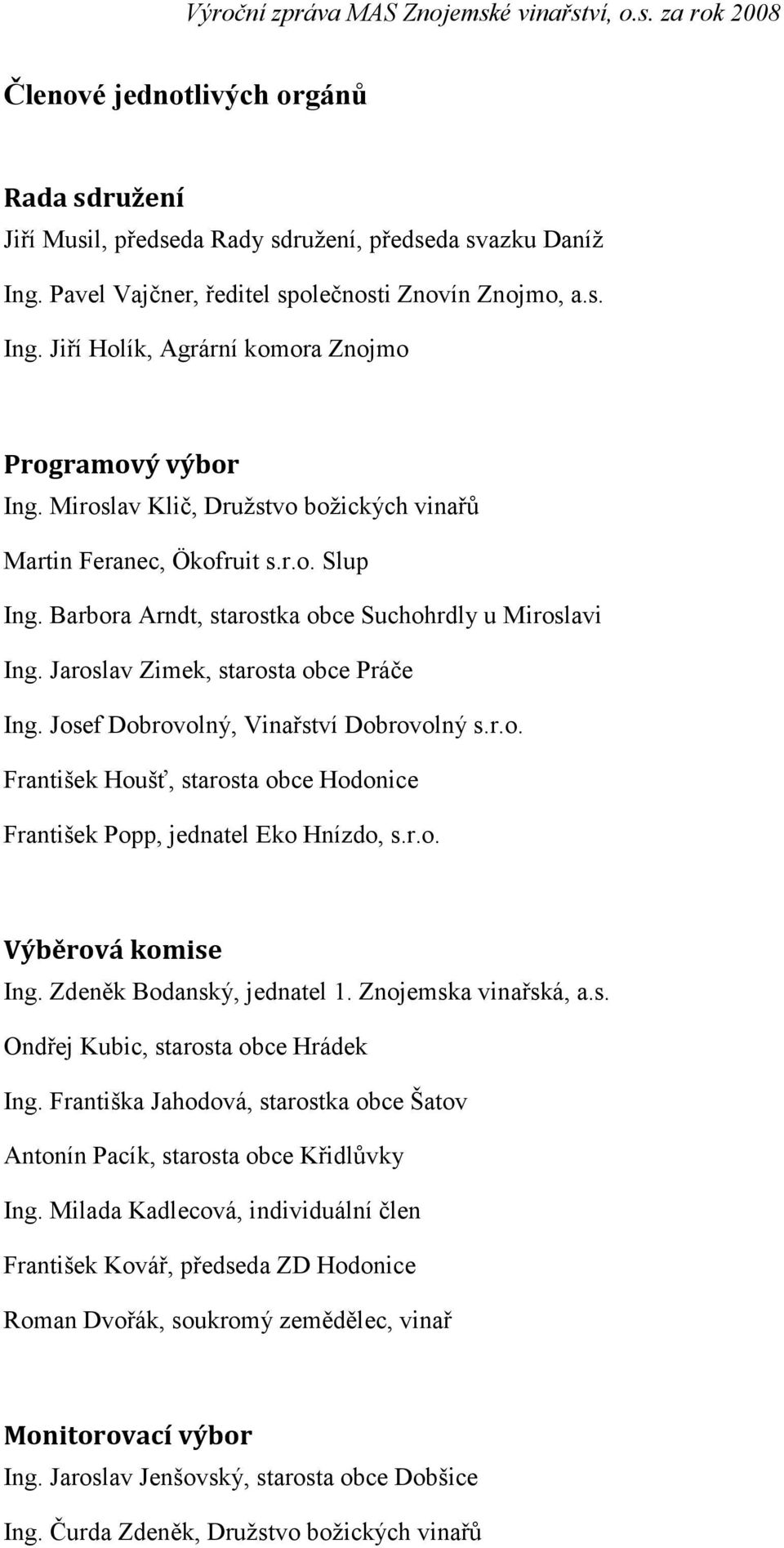 Josef Dobrovolný, Vinařství Dobrovolný s.r.o. František Houšť, starosta obce Hodonice František Popp, jednatel Eko Hnízdo, s.r.o. Výběrová komise Ing. Zdeněk Bodanský, jednatel 1.