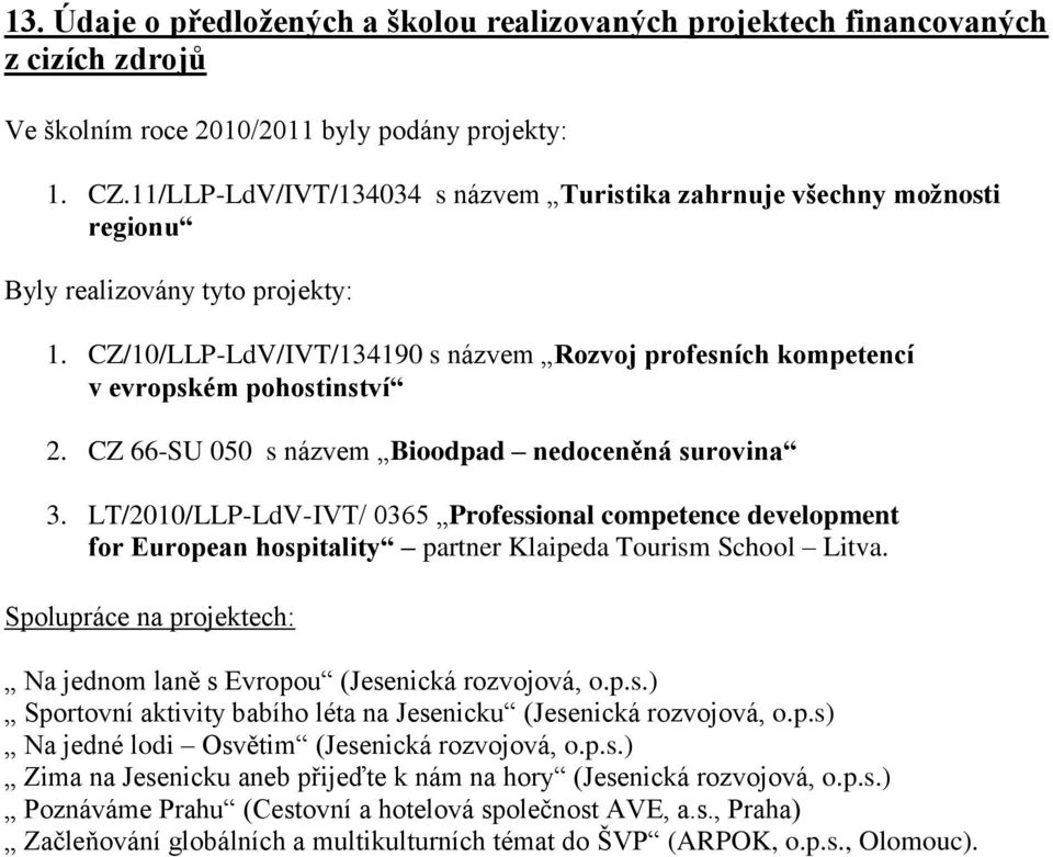 CZ 66-SU 050 s názvem Bioodpad nedoceněná surovina 3. LT/2010/LLP-LdV-IVT/ 0365 Professional competence development for European hospitality partner Klaipeda Tourism School Litva.