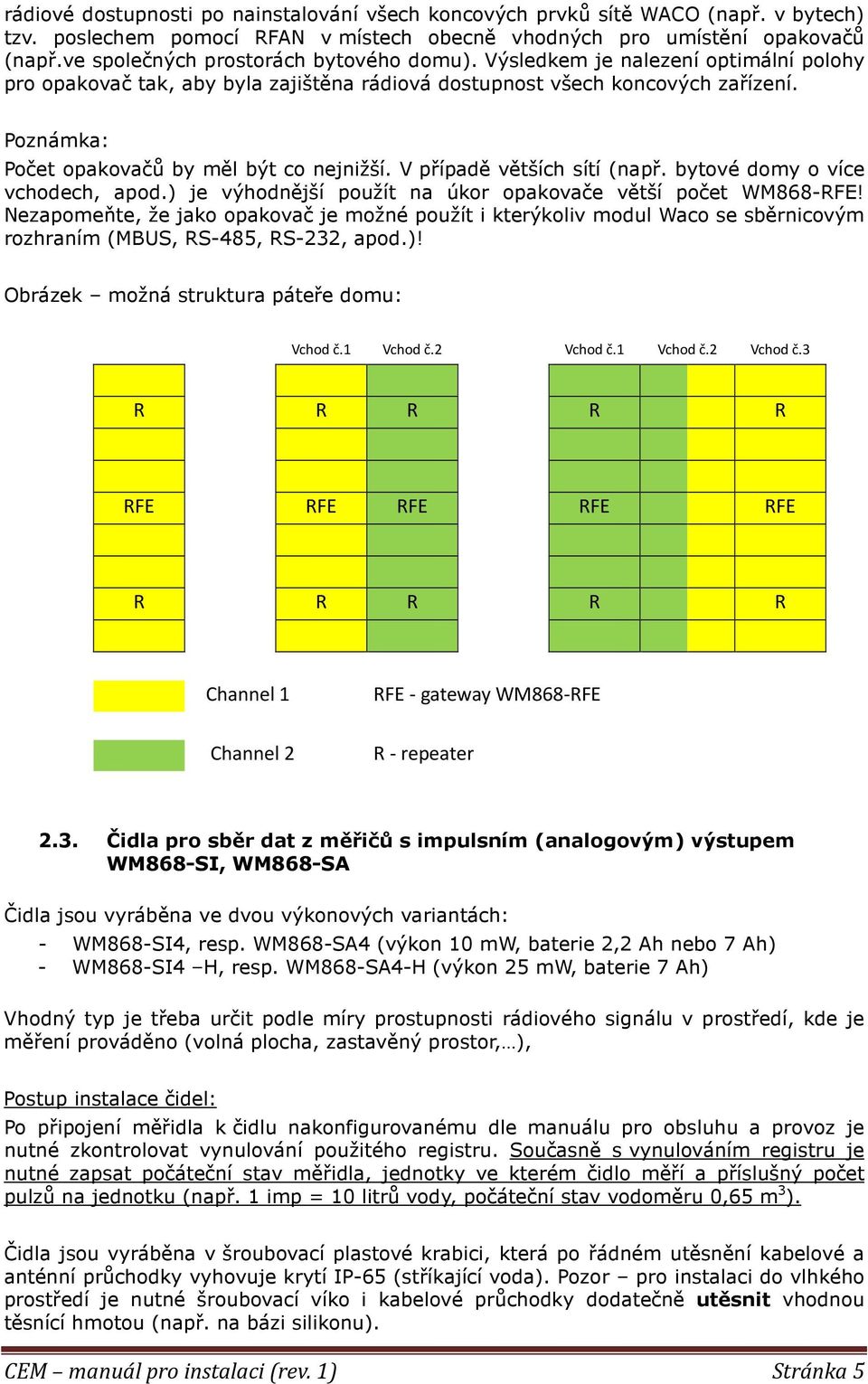 Poznámka: Počet opakovačů by měl být co nejnižší. V případě větších sítí (např. bytové domy o více vchodech, apod.) je výhodnější použít na úkor opakovače větší počet WM868-RFE!