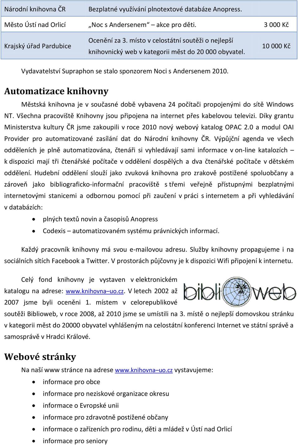Automatizace knihovny Městská knihovna je v současné době vybavena 24 počítači propojenými do sítě Windows NT. Všechna pracoviště Knihovny jsou připojena na internet přes kabelovou televizi.