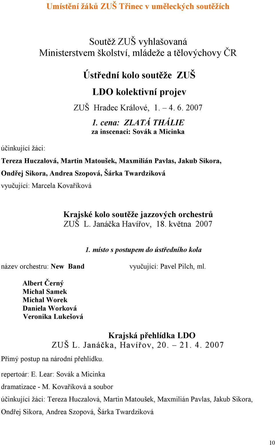 cena: ZLATÁ THÁLIE za inscenaci: Sovák a Micinka Tereza Huczalová, Martin Matoušek, Maxmilián Pavlas, Jakub Sikora, Ondřej Sikora, Andrea Szopová, Šárka Twardziková vyučující: Marcela Kovaříková