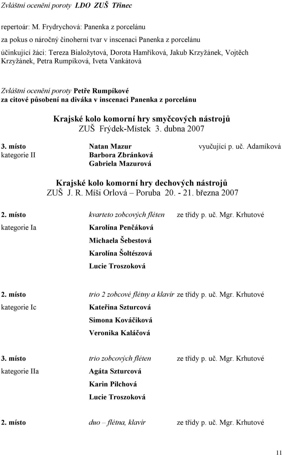 Rumpíková, Iveta Vankátová Zvláštní ocenění poroty Petře Rumpíkové za citové působení na diváka v inscenaci Panenka z porcelánu Krajské kolo komorní hry smyčcových nástrojů ZUŠ Frýdek-Místek 3.