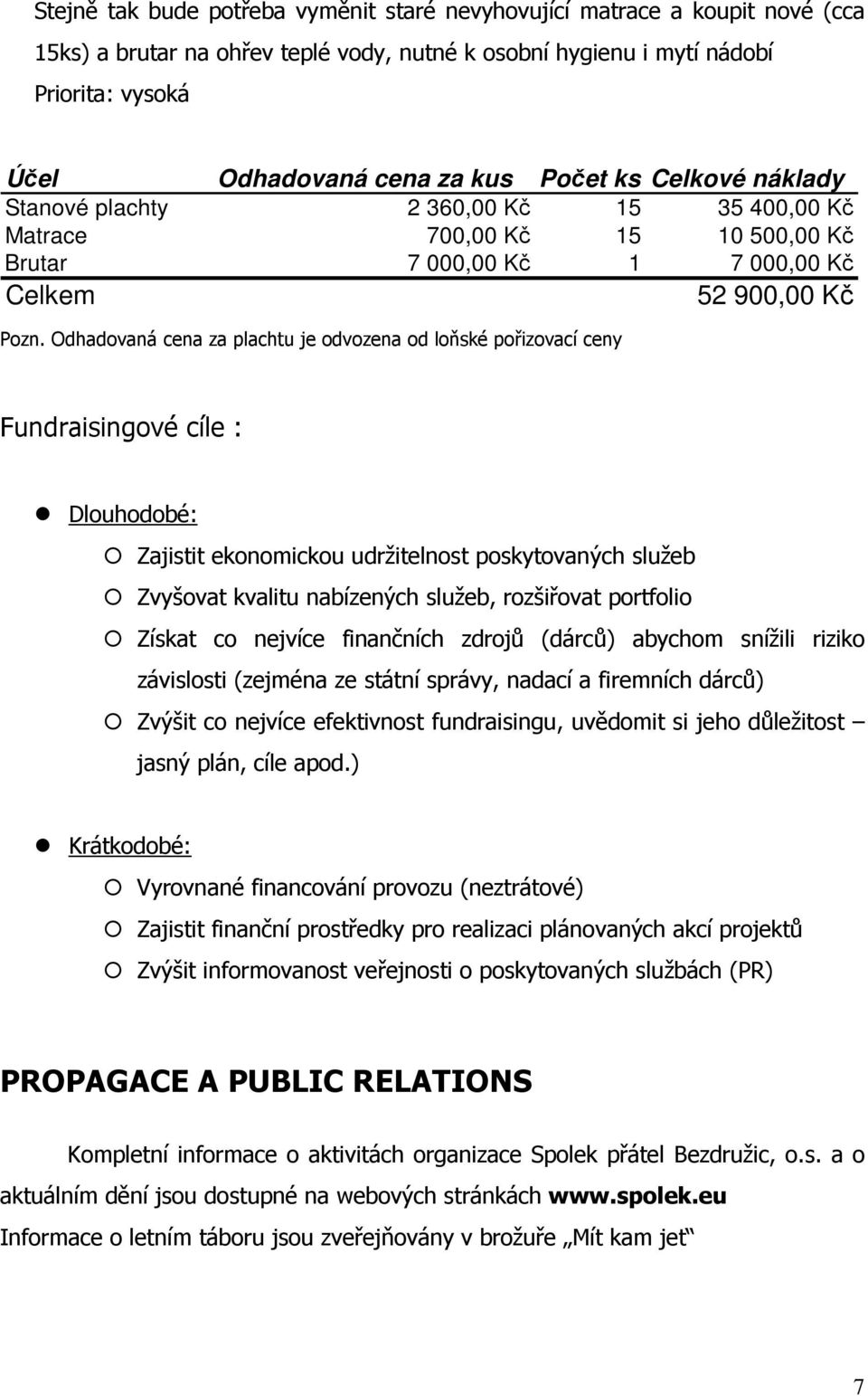 Odhadovaná cena za plachtu je odvozena od loňské pořizovací ceny Fundraisingové cíle : Dlouhodobé: Zajistit ekonomickou udržitelnost poskytovaných služeb Zvyšovat kvalitu nabízených služeb,