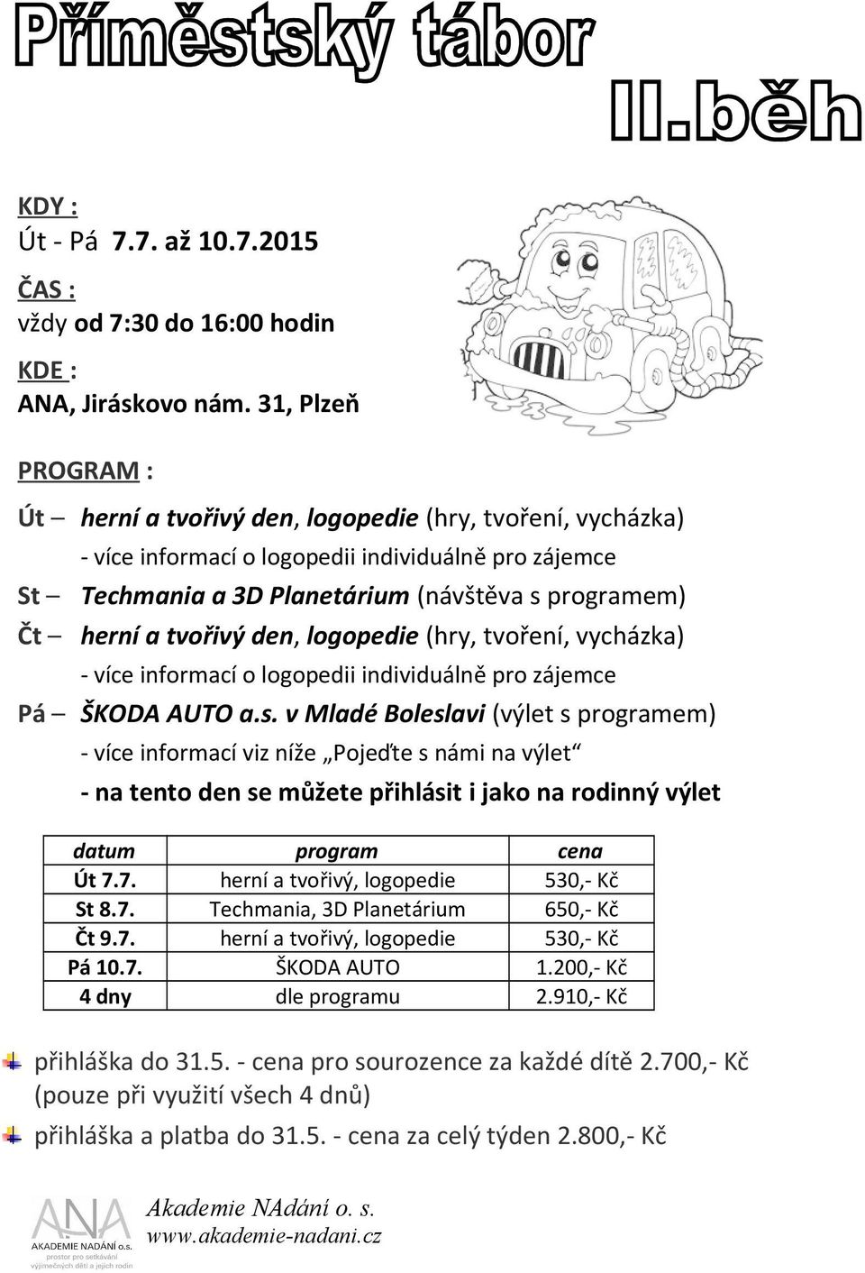 tvořivý den, logopedie (hry, tvoření, vycházka) - více informací o logopedii individuálně pro zájemce Pá ŠKODA AUTO a.s.