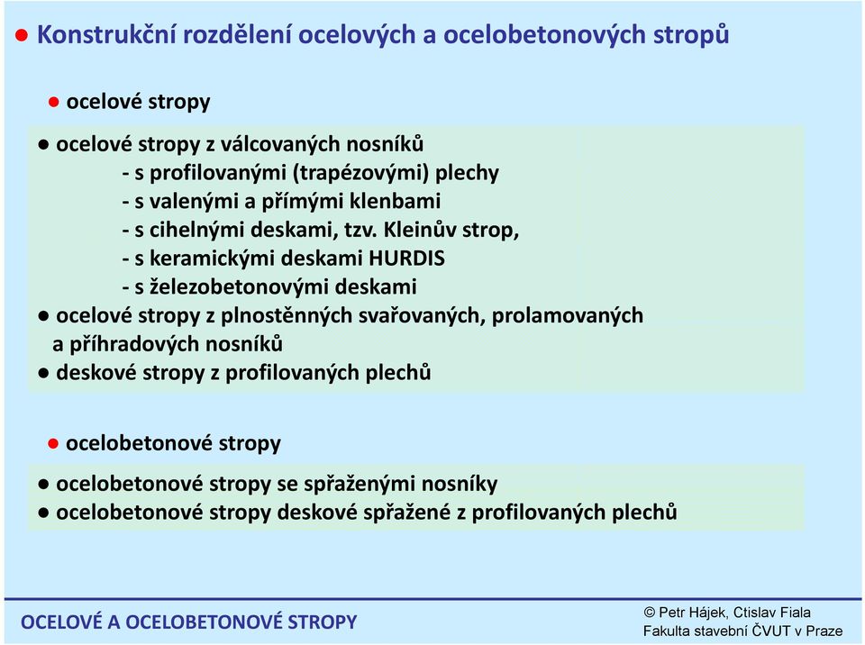 Kleinův strop, s keramickými deskami HURDIS s železobetonovými deskami ocelové stropy z plnostěnných svařovaných, prolamovaných a