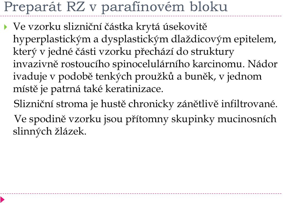 karcinomu. Nádor ivaduje v podobě tenkých proužků a buněk, v jednom místě je patrná také keratinizace.